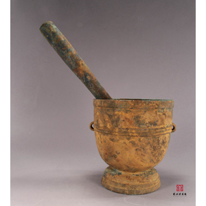 bronze mortar, bronze pestle, bronze measuring tool