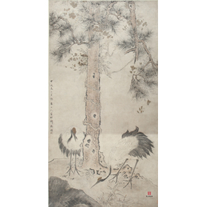 Scroll Painting of Pines and Cranes by Hua Yan