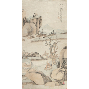 Scroll Painting of Playing the Zither under a Tree in Fall by Xiao Yuncong